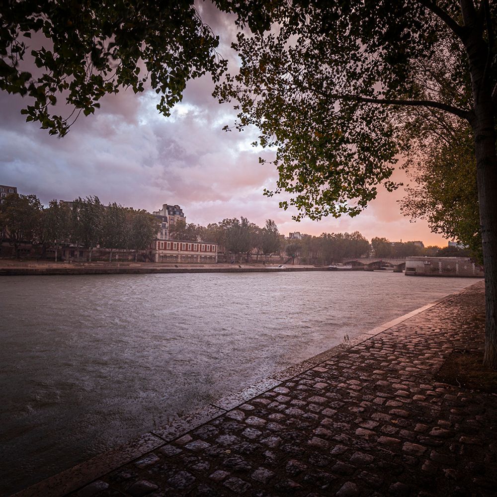 river Seine in Paris with pouring rain